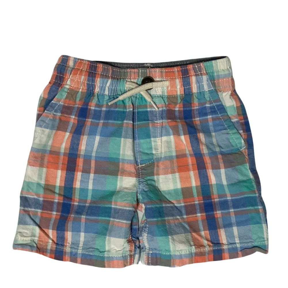 OshKosh B'Gosh Boy's Plaid Shorts Size 3T Drawstring Pockets Cotton Blue/Orange